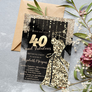 Convite Vestido com Lantejoulas Douradas Aniversário de 40