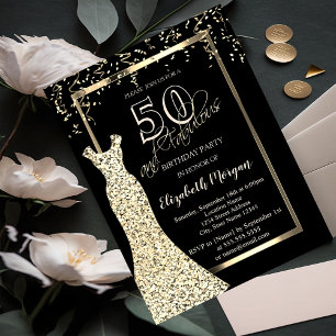 Convite Vestido com Lantejoulas Douradas Aniversário de 50