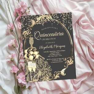 Convite Vestido com Lantejoulas Douradas, Balões Quinceane
