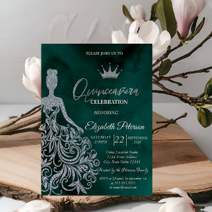 Convite Vestido com Lantejoulas Prateadas, Diamantes Verde