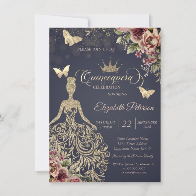 Convite Vestido com Purpurina Dourada, Confetes Florais em (Frente)