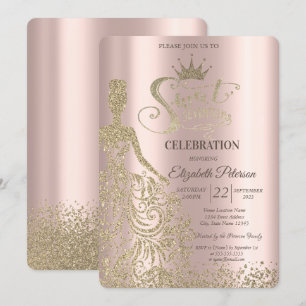 Convite Vestido com Purpurina Dourada, Diamantes Rosa Dour