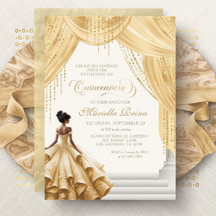 Convite Vestido Conto de Fadas Quinceanera em Ouro Amarelo