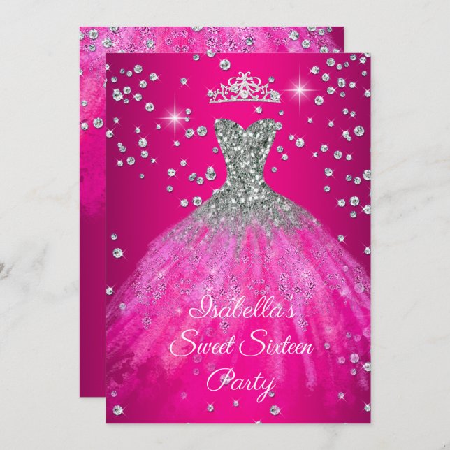 Convite Vestido cor-de-rosa quente de 16 festas TIARA (Frente/Verso)
