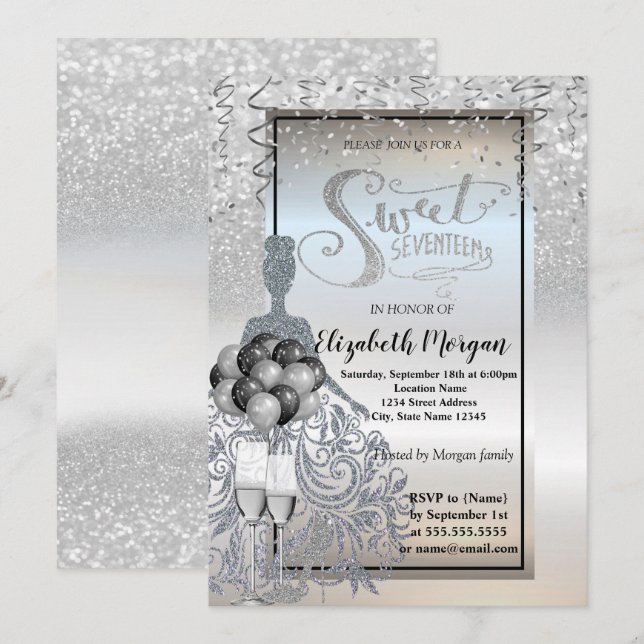Convite Vestido Da Lente De Prata,Vidro,Ballons Doce 17 (Frente/Verso)