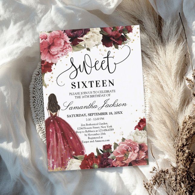 Convite Vestido da princesa das flores de marrom-blush (Blush burgundy maroon flowers princess dress invitation)