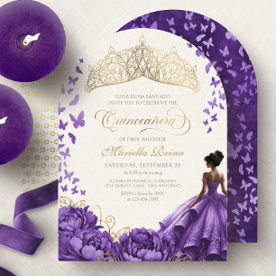 Convite Vestido da Princesa Roxa Borboletas Quinceanera