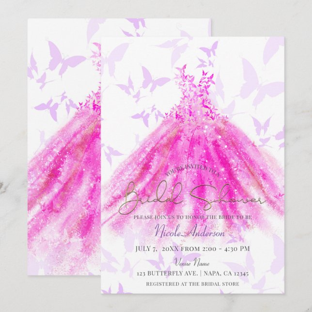 Convite Vestido Dança da Borboleta Roxo e Rosa Chá de Noiv (Frente/Verso)
