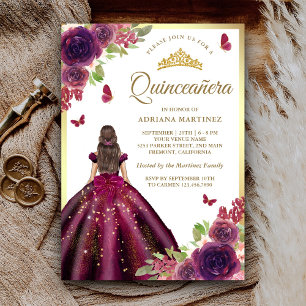 Convite Vestido de Ameixa Floral Borboleta Dourado Quincea