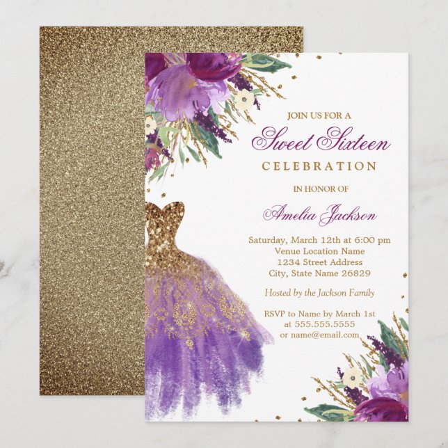Convite Vestido de Amethyst Glitter Gold Purple Sweet Sixt (Frente/Verso)