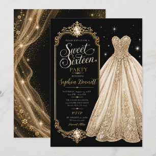 Convite Vestido de Aniversário de 16 Anos Doce Joia Dourad