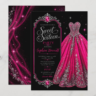 Convite Vestido de Aniversário de 16 Anos Rosa Quente Joia