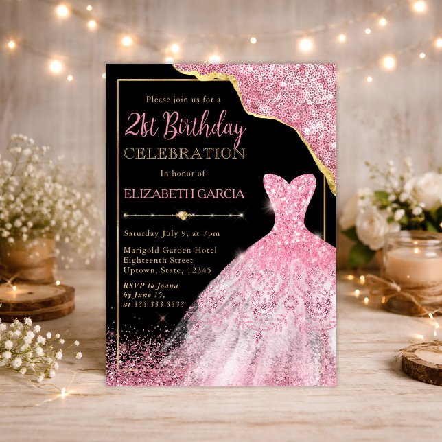 Convite Vestido de aquarela rosa e aniversário de 21 anos  (Criador carregado)