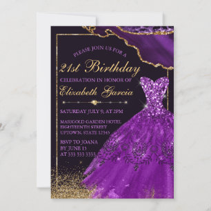 Convite Vestido de Aquarela Roxo para Aniversário de 21 an