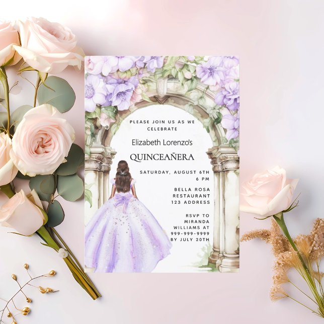 Convite Vestido de arco de flores de lavanda Quinceanera (Criador carregado)