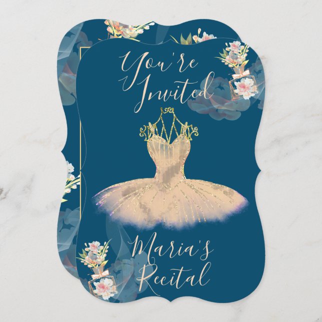 Convite Vestido de Bailarina em Ouro Rosado com Tule Flora (Frente/Verso)