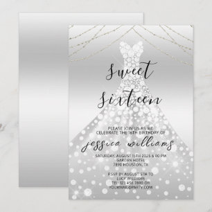 Convite Vestido de Baile com Lantejoulas Prateadas Doce 16