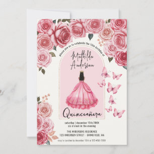 Convite Vestido de Baile Floral Rosado Quinceanera XV