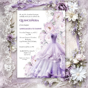 Convite Vestido de Baile Quinceañera Floral Lavanda Elegan
