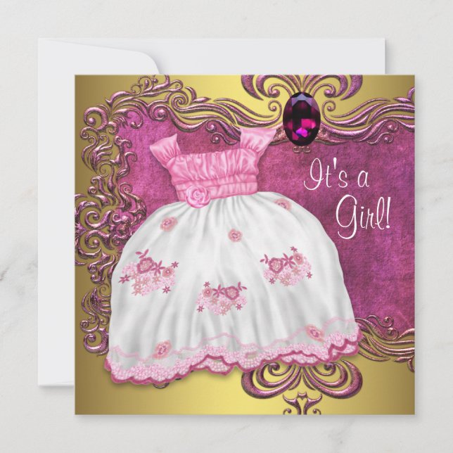 Convite Vestido de Bebê Rosa e Dourado Chás de Bebê (Frente)