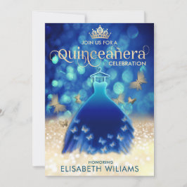 Convite Vestido de borboleta de ouro azul Quinceañera