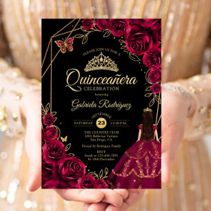 Convite Vestido de borboleta dourada Burgundy Quinceanera