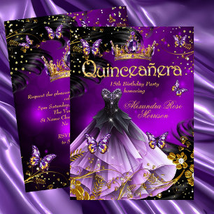 Convite Vestido de borboleta roxa dourada de Quinceanera