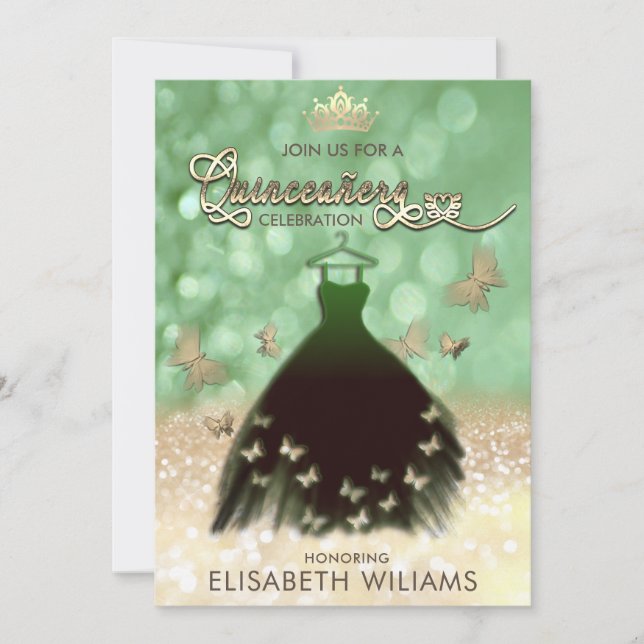 Convite Vestido de borboleta verde Quinceañera (Frente)