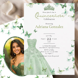 Convite Vestido de Borboletas em Verde Salvia Tiara Quince