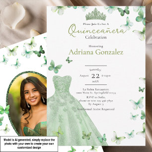 Convite Vestido de Borboletas em Verde Salvia Tiara Quince