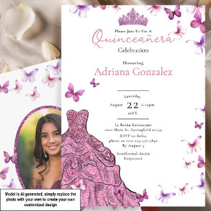 Convite Vestido de Borboletas Rosa e Foto de Tiara Quincea