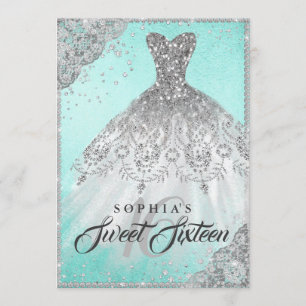 Convite Vestido de Brilho de Diamante Prata Verde-azulado