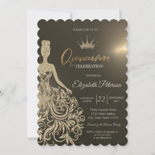 Convite Vestido de Brilho Dourado,Diamantes Quinceanera Do