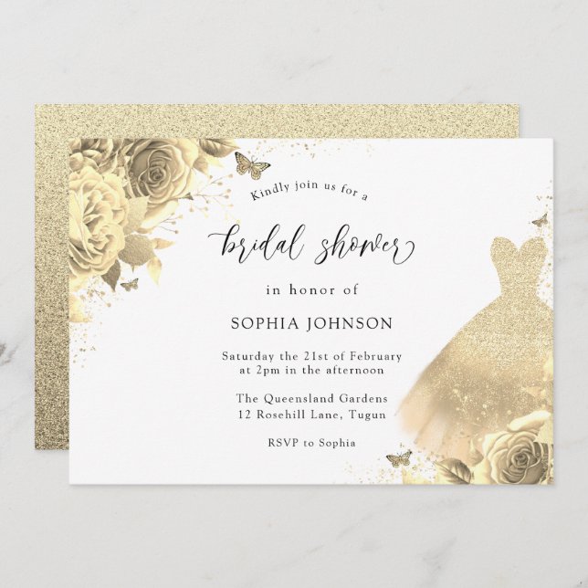 Convite Vestido de Brilho Dourado Espetacular Chuva de Arr (Frente/Verso)