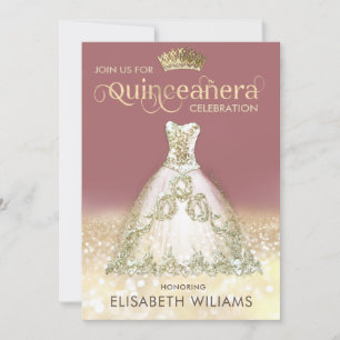 Convite Vestido de brilho Dourado ombre tiara Quinceañera