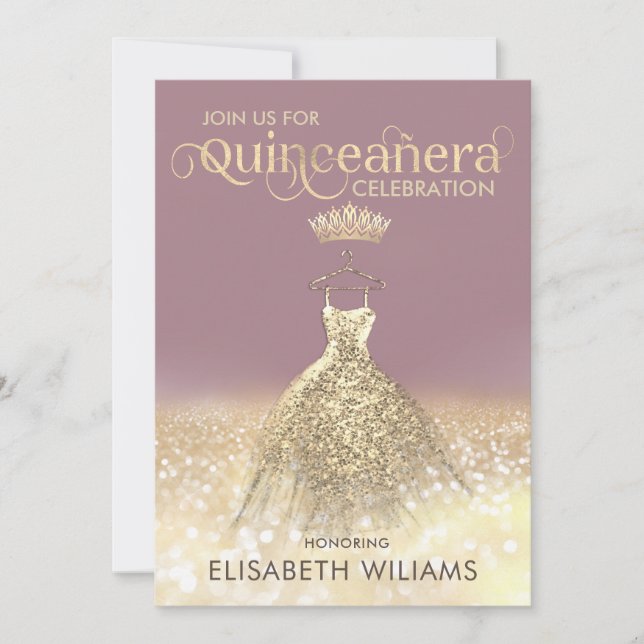 Convite Vestido de brilho Dourado ombre tiara Quinceañera (Frente)