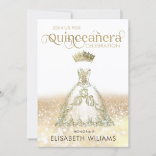 Convite Vestido de brilho Dourado ombre tiara Quinceañera