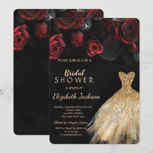 Convite Vestido de Brilho Dourado Rosas Vermelhas Chuva de