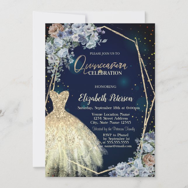 Convite Vestido de brilho, Quinceanera de Flores Azuis (Frente)