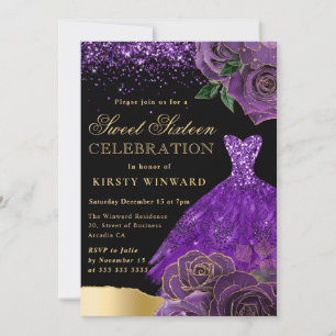 Convite Vestido de Brilho Roxo e Dourado Glam Rosas Doce 1