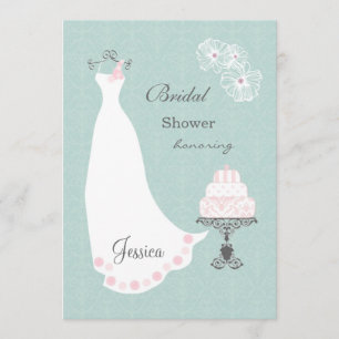 Convite Vestido de casamento branco, bolo no chá de panel