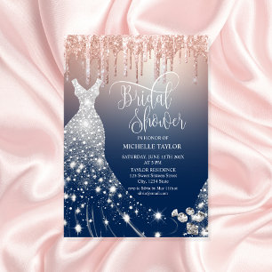 Convite Vestido de Casamento com Glitter do Marinho Dourad