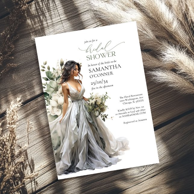 Convite Vestido de casamento de eucalipto de boho verde mo (Modern boho greenery eucalyptus wedding gown invitation)