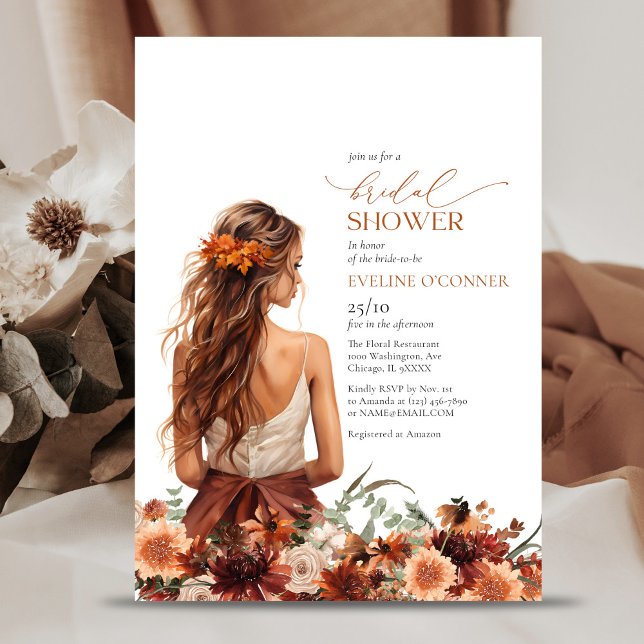 Convite Vestido de casamento de flores de terracotta de aq (Simple watercolor terracotta flowers wedding gown invitation)