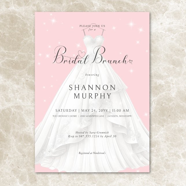 Convite Vestido de casamento moderno em Bridal Bridal Rosa (Modern Wedding Dress on Pink Sparkle Bridal Brunch Invitation)