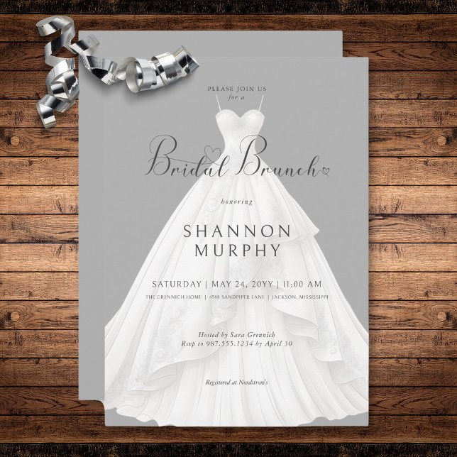 Convite Vestido de casamento moderno em Brunch Cinza (Modern Wedding Dress on Gray Bridal Brunch Invitation)