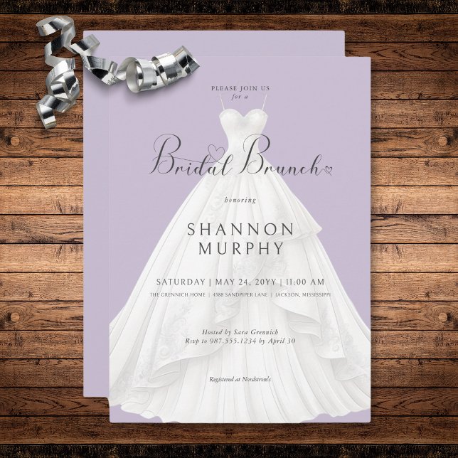 Convite Vestido de casamento moderno em Brunch de noiva pú (Modern Wedding Dress on Purple Bridal Brunch Invitation)