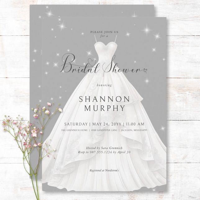 Convite Vestido de casamento moderno em Chá de panela de S (Modern Wedding Dress on Gray Sparkle Bridal Shower Invitation)