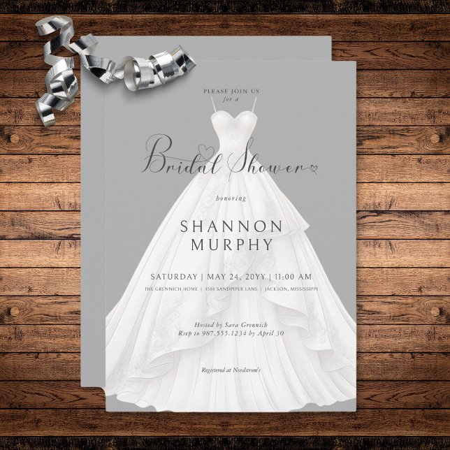 Convite Vestido de casamento moderno na Chá de panela da C (Modern Wedding Dress on Gray Bridal Shower Invitation)
