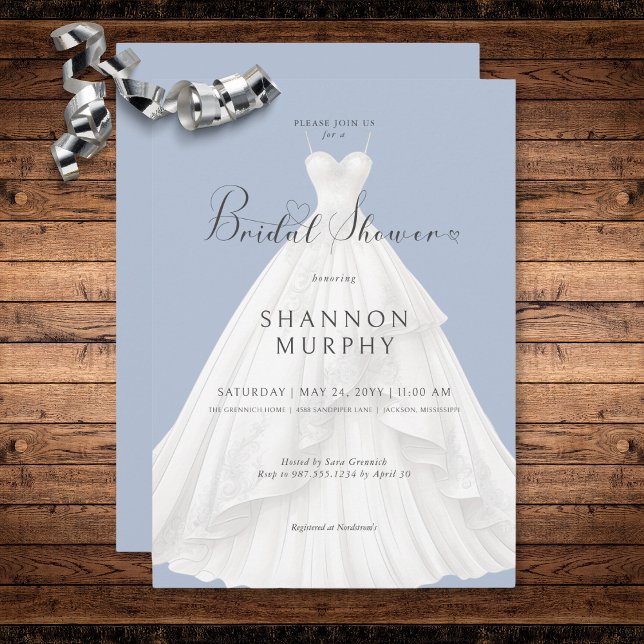 Convite Vestido de casamento moderno no Chá de panela azul (Modern Wedding Dress on Blue Bridal Shower Invitation)
